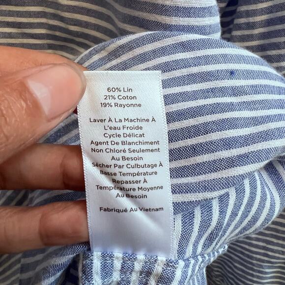 Talbots Linen Band Collar Popover Top Size XL Blue Sweet Stripe Coastal Preppy - Picture 6 of 7